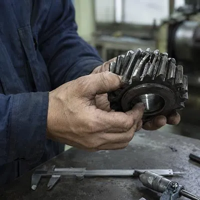 摩耗した歯車を手に取り確認する技術者